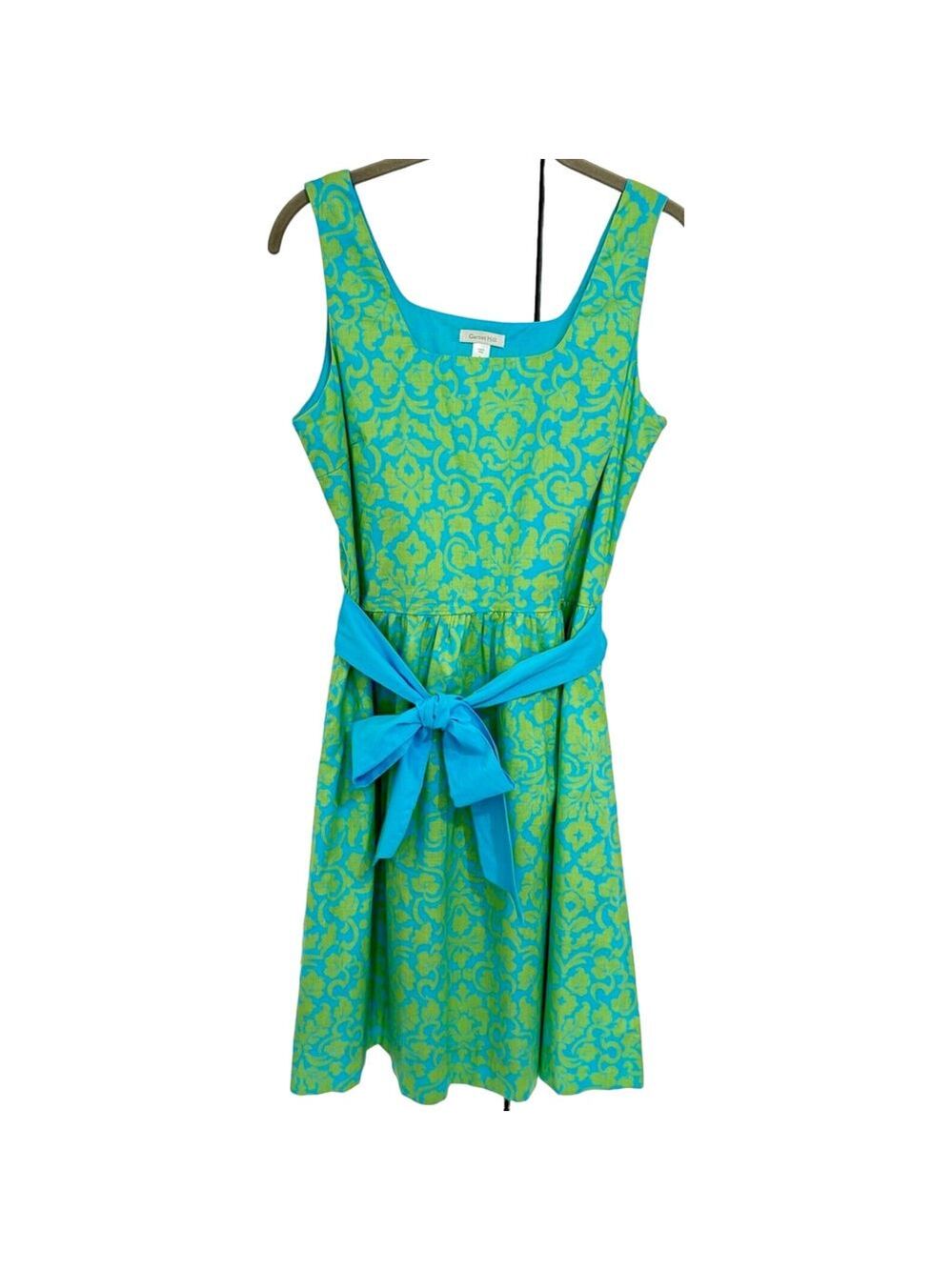 Garnet Hill Cotton Dress Size 8 Green Blue Boho Preppy Print Sleeveless Tie Belt